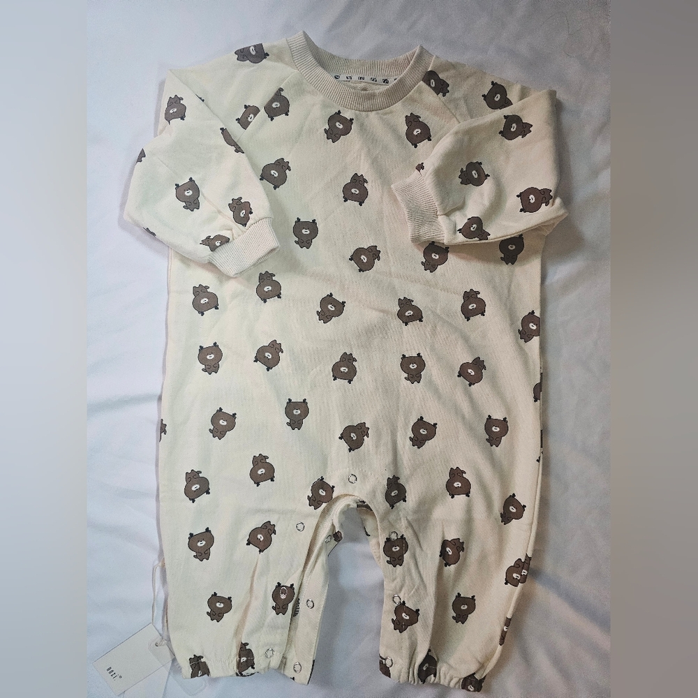 Adorable Soft Cream and Brown Bear Print Kids One Piece- Size 80